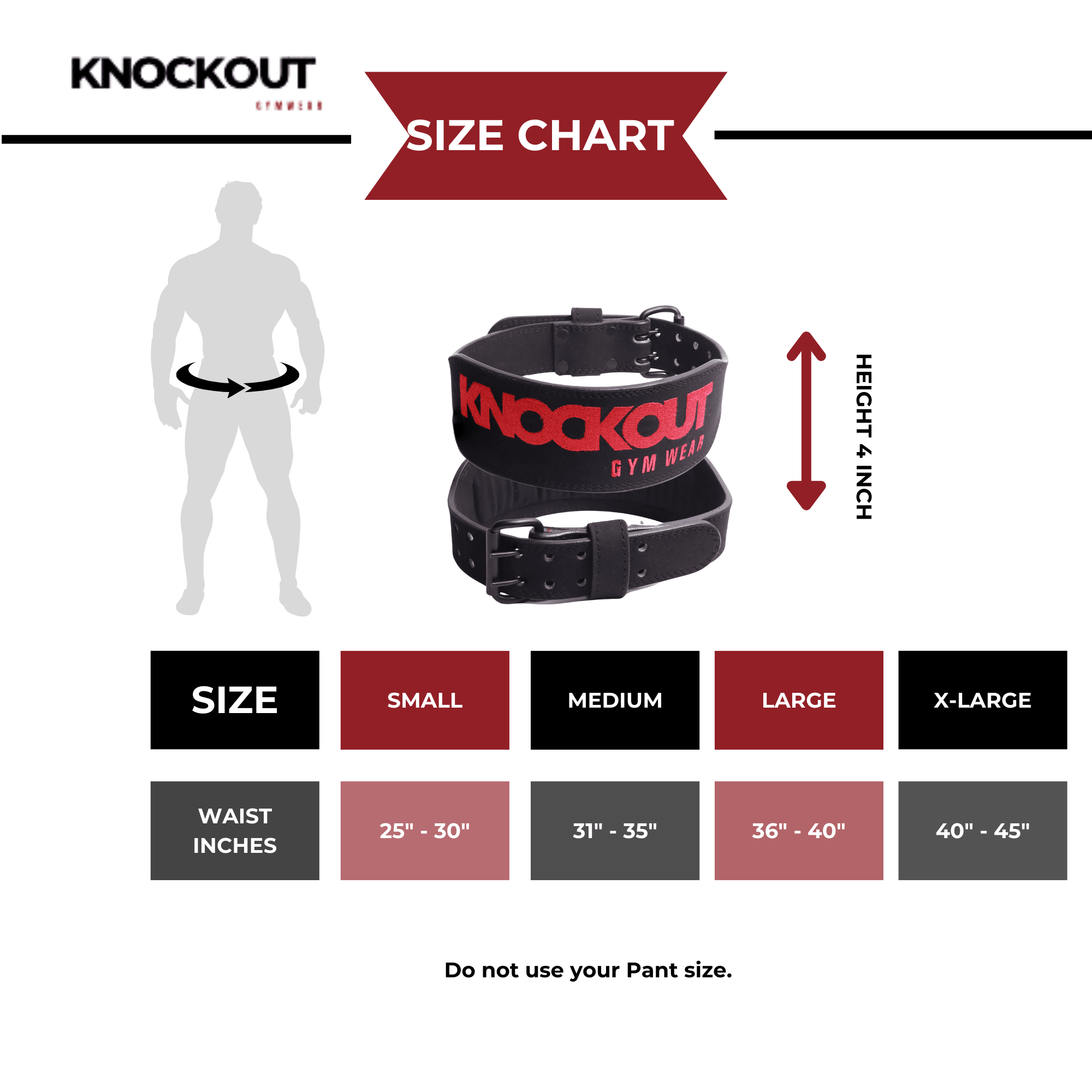 Lifting belt in leather size chart