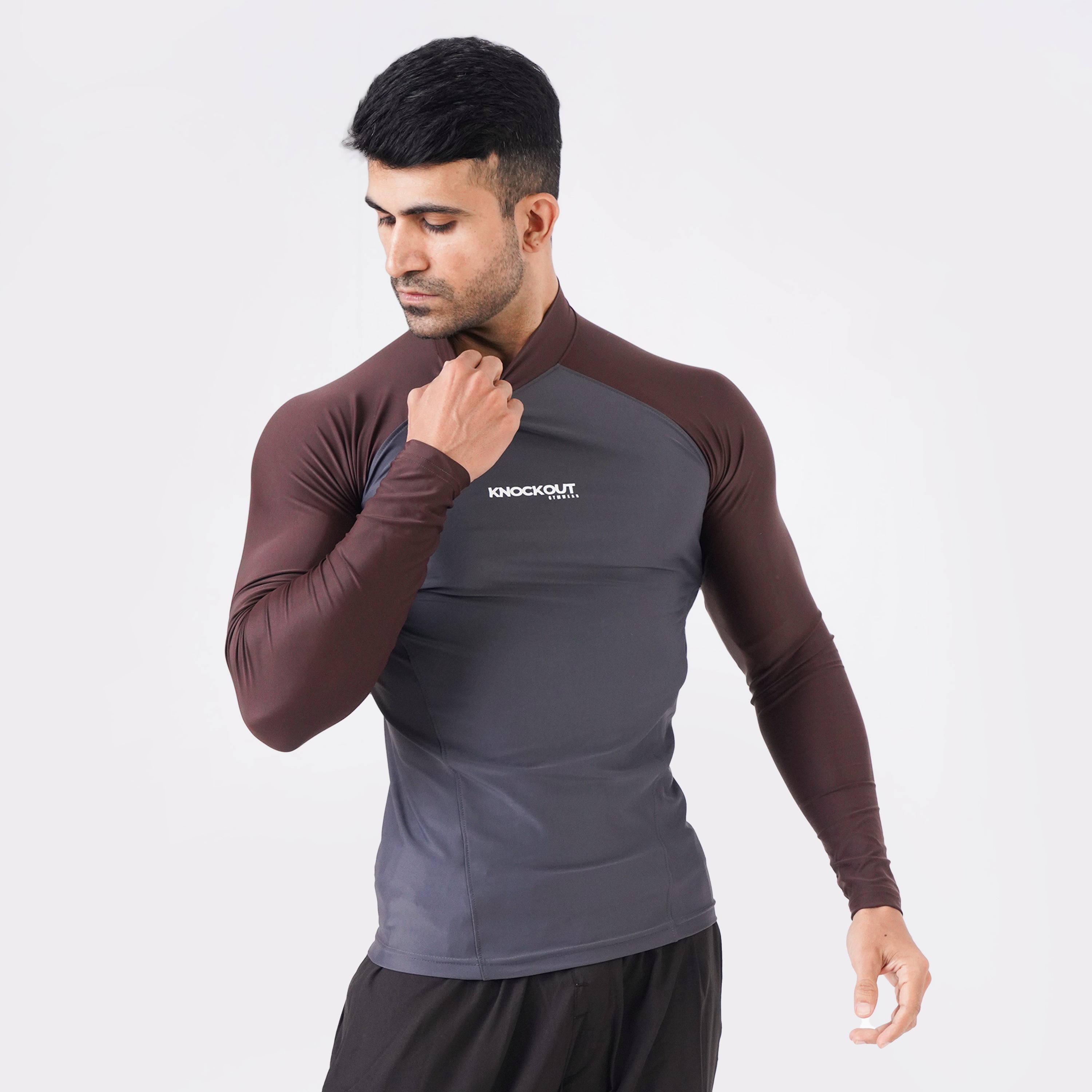 Contrast Grey & Brown Sleeve High Neck Compression Shirt