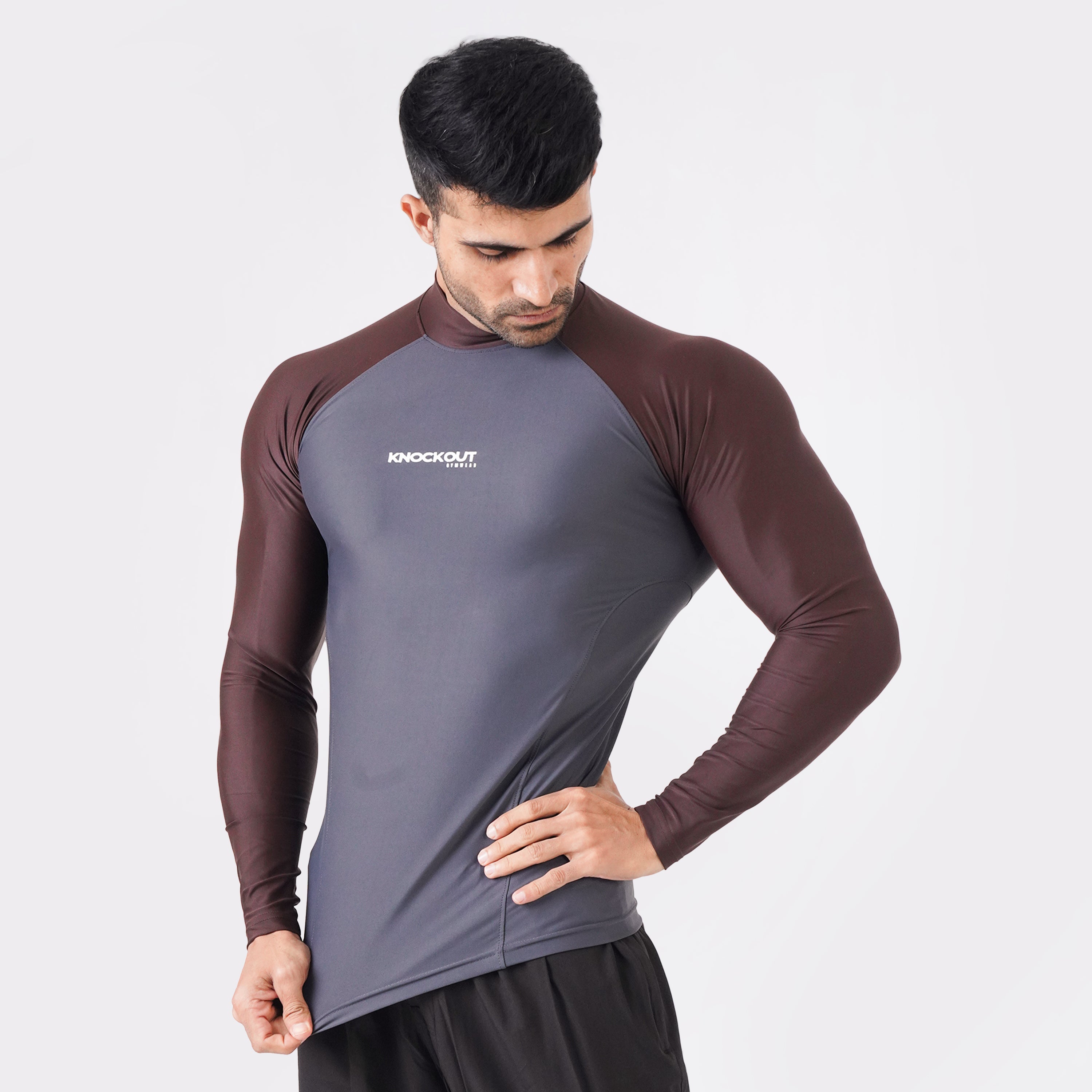 Contrast Grey & Brown Long Sleeve High Neck Compression Shirt