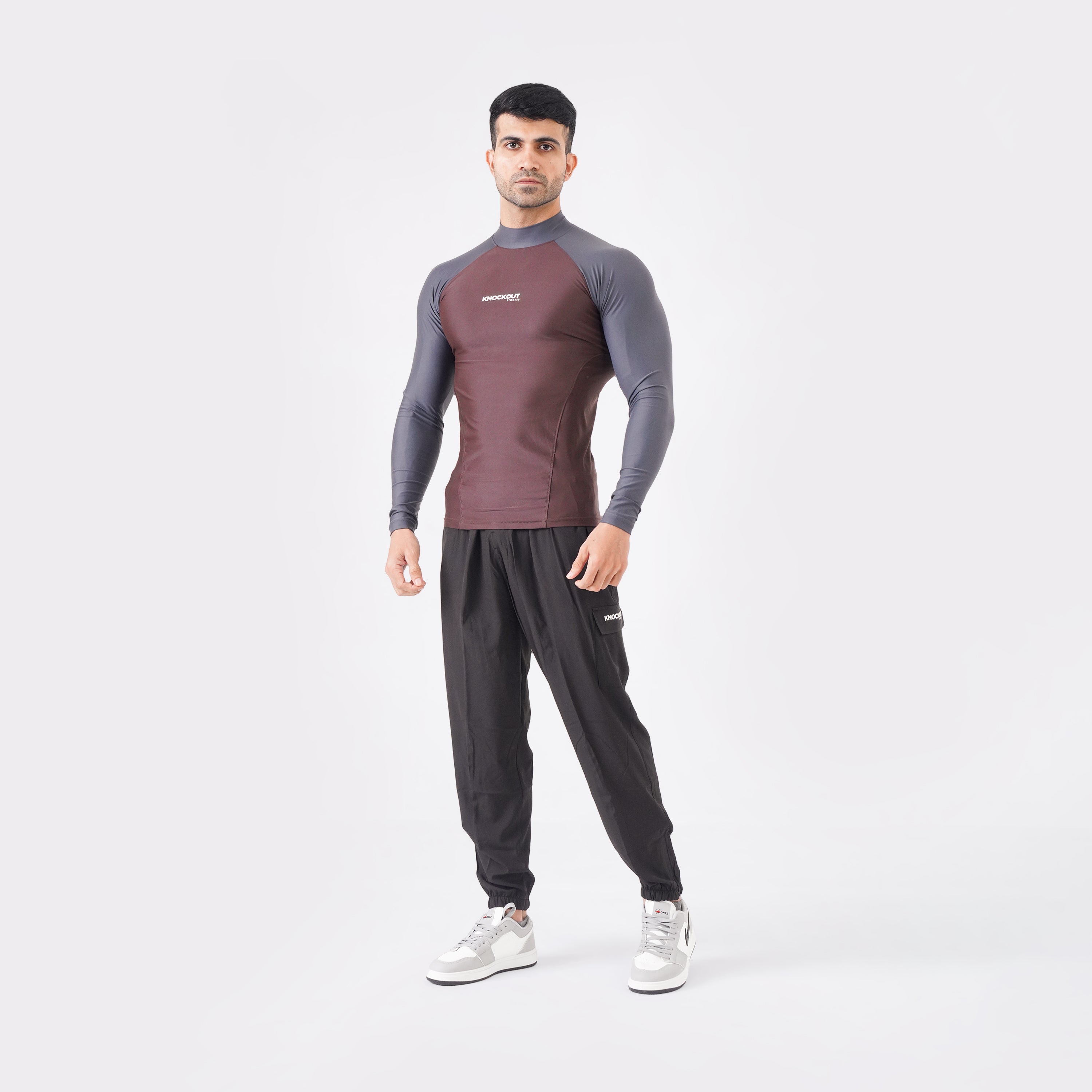 Contrast Brown & Grey Long Sleeve High Neck Compression