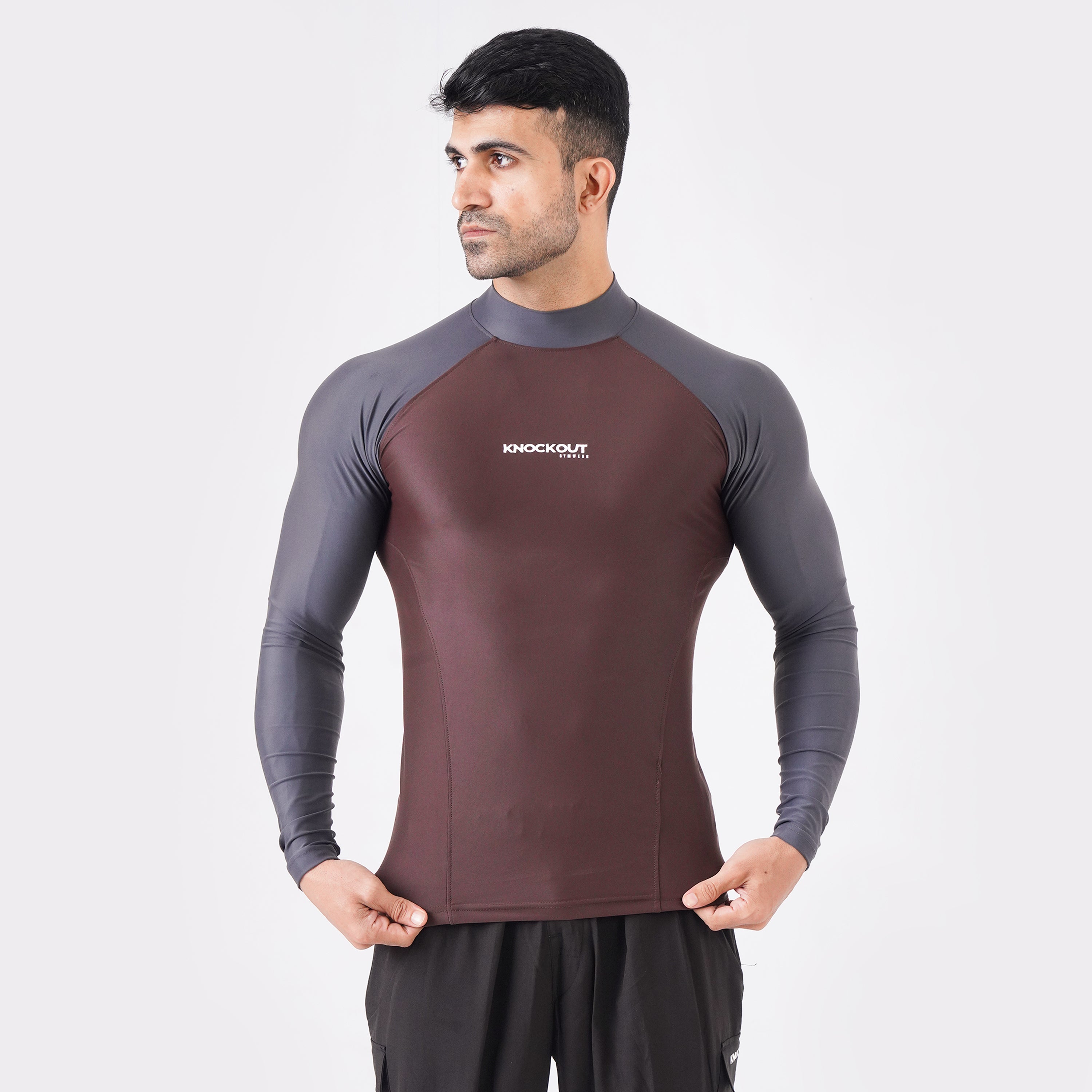 Contrast Brown & Grey Long Sleeve High Neck Compression