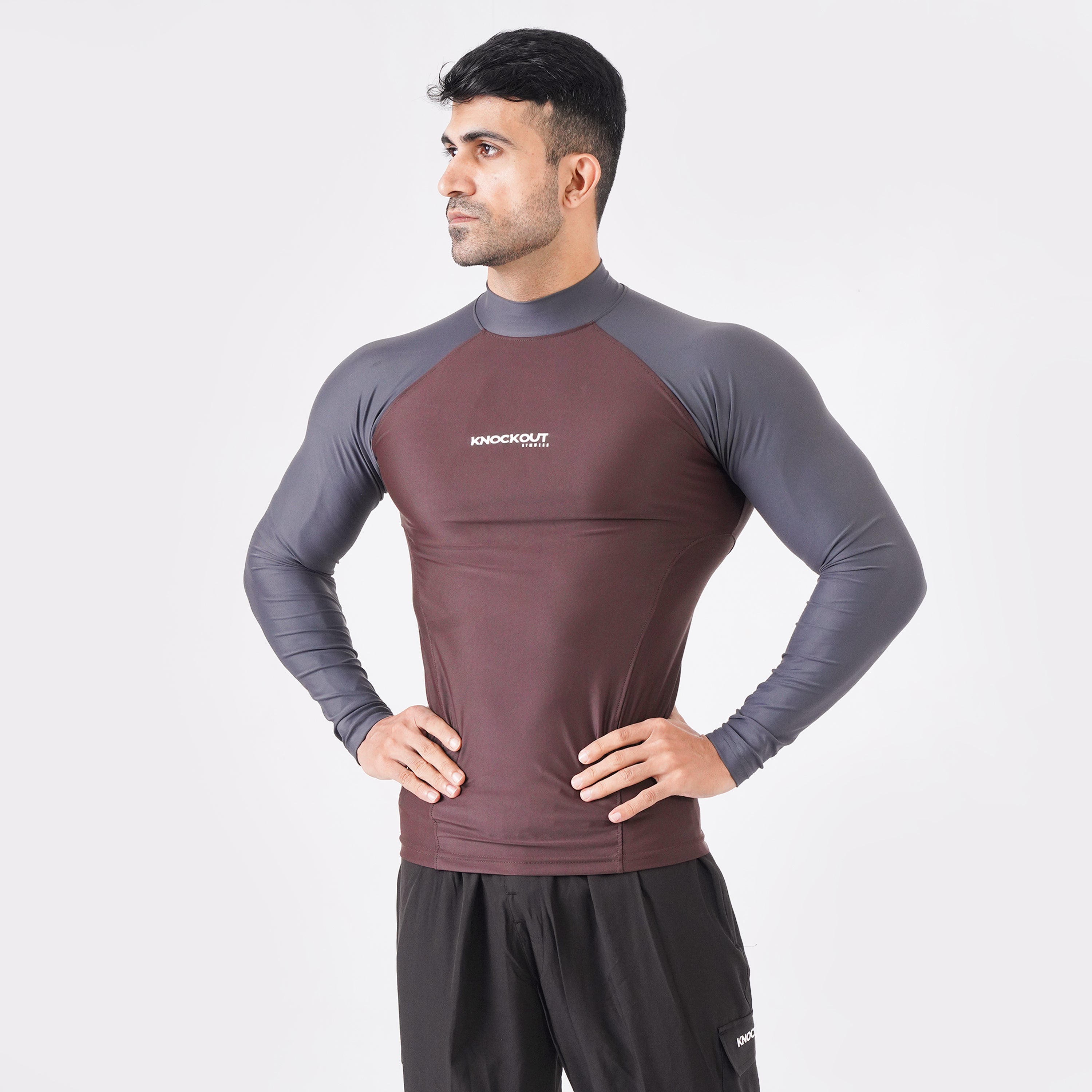 Contrast Brown & Grey Long Sleeve High Neck Compression