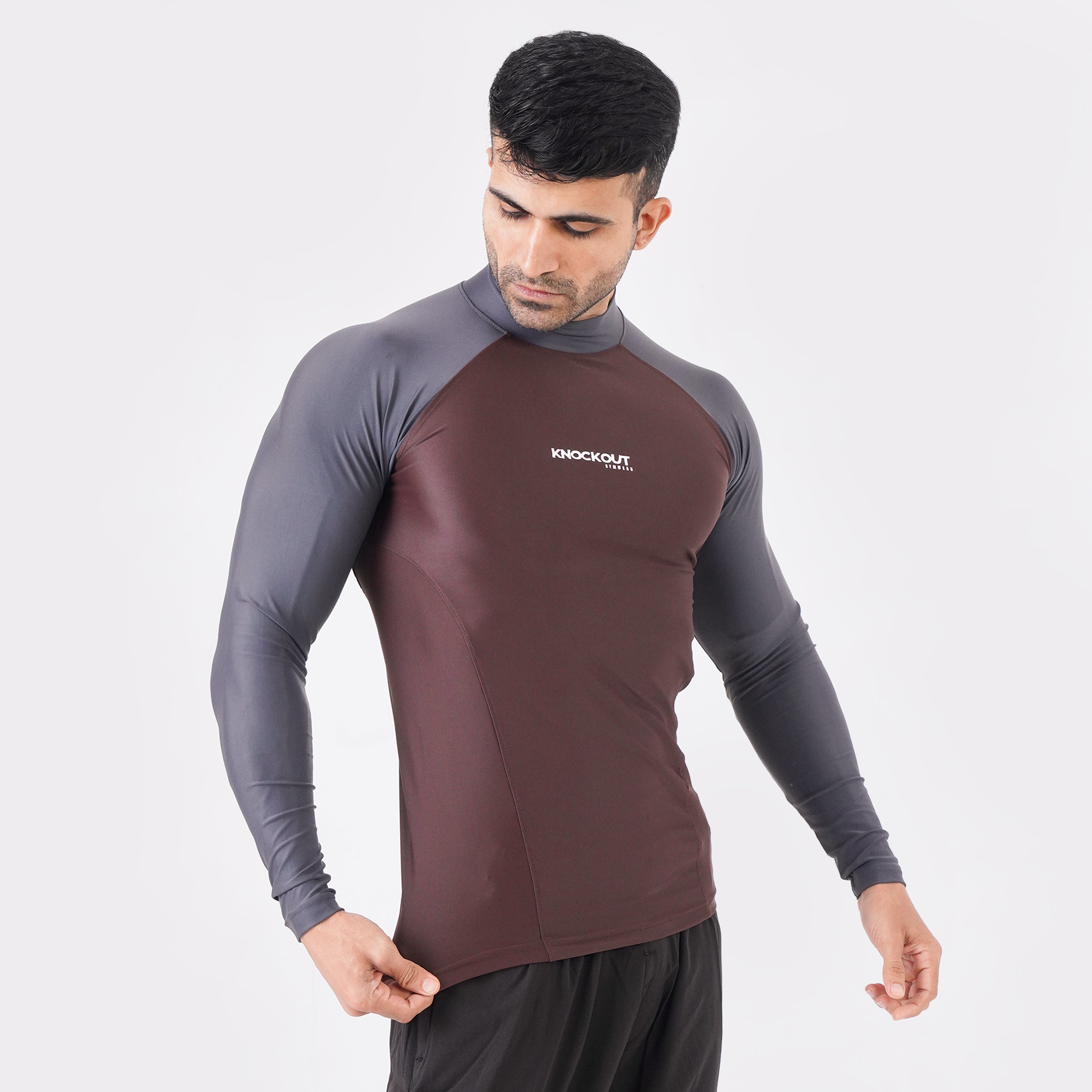 Contrast Brown & Grey Long Sleeve High Neck Compression