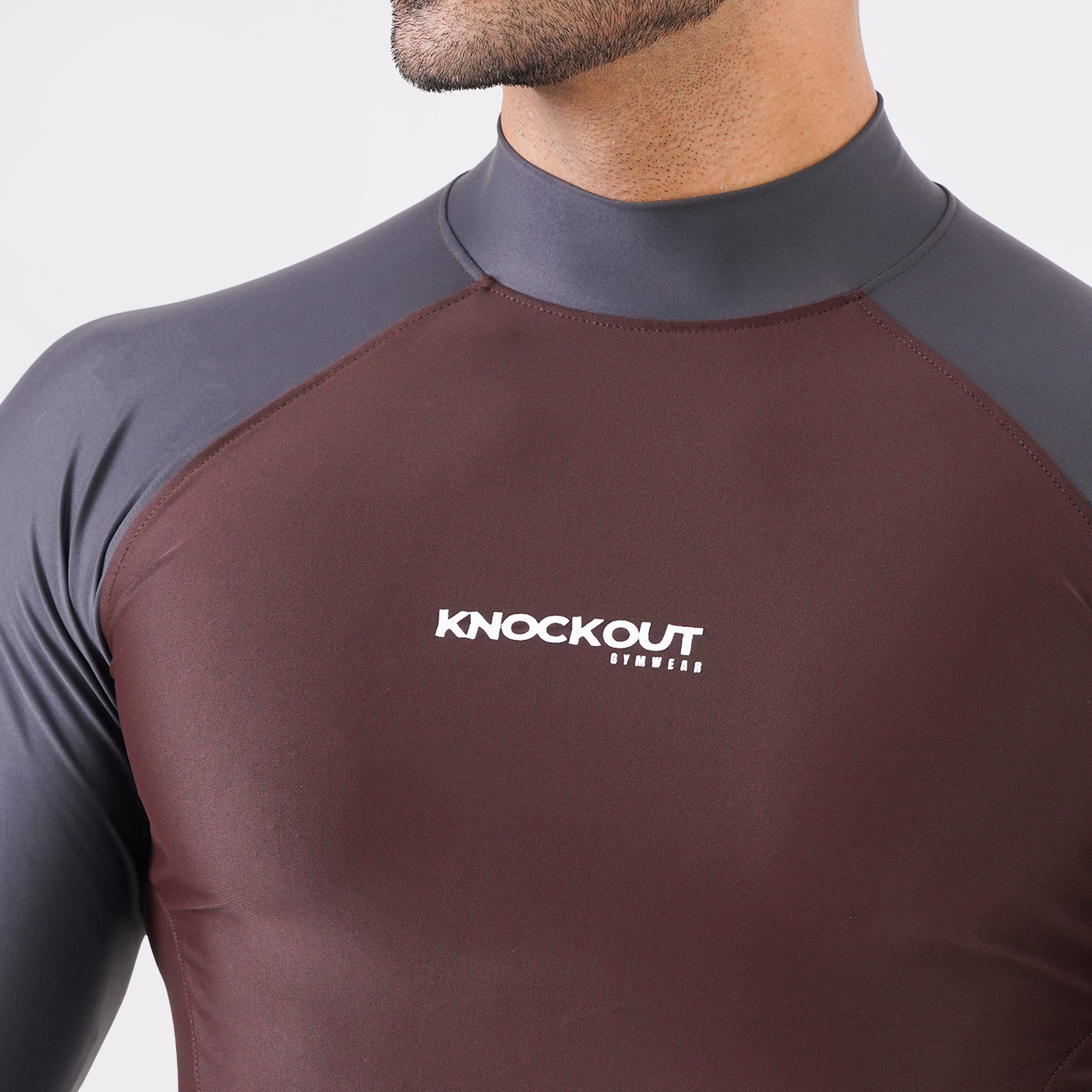 Contrast Brown & Grey Long Sleeve High Neck Compression