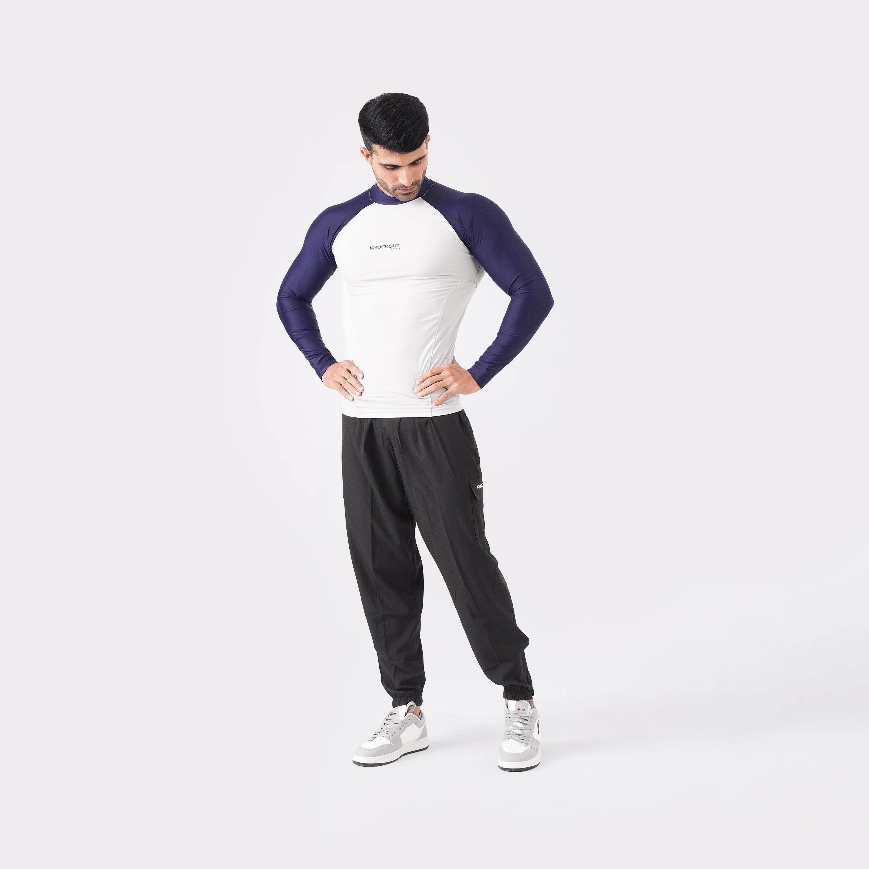 Contrast Light Stone & Blue Sleeve High Neck Compression