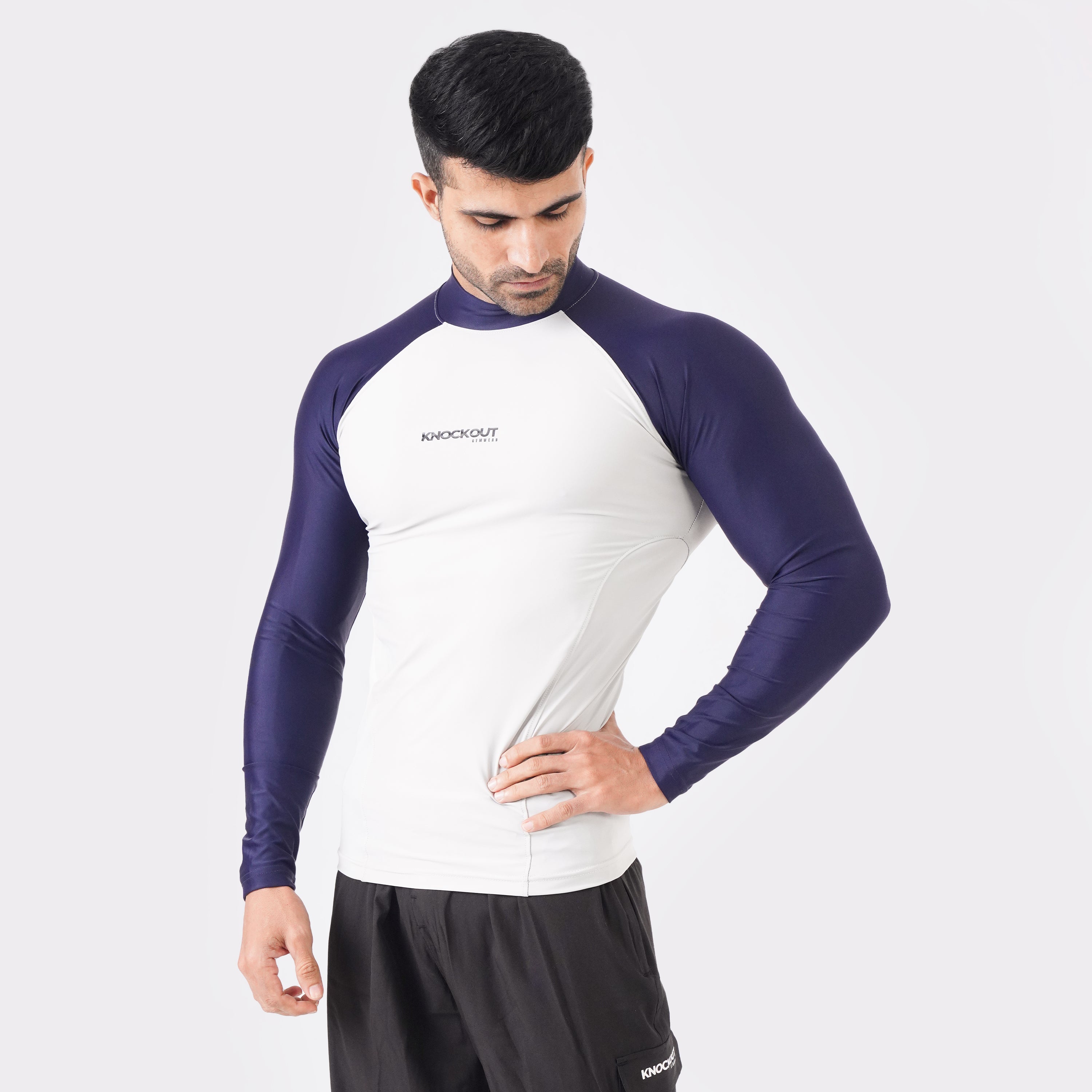 Contrast Light Stone & Blue Sleeve High Neck Compression