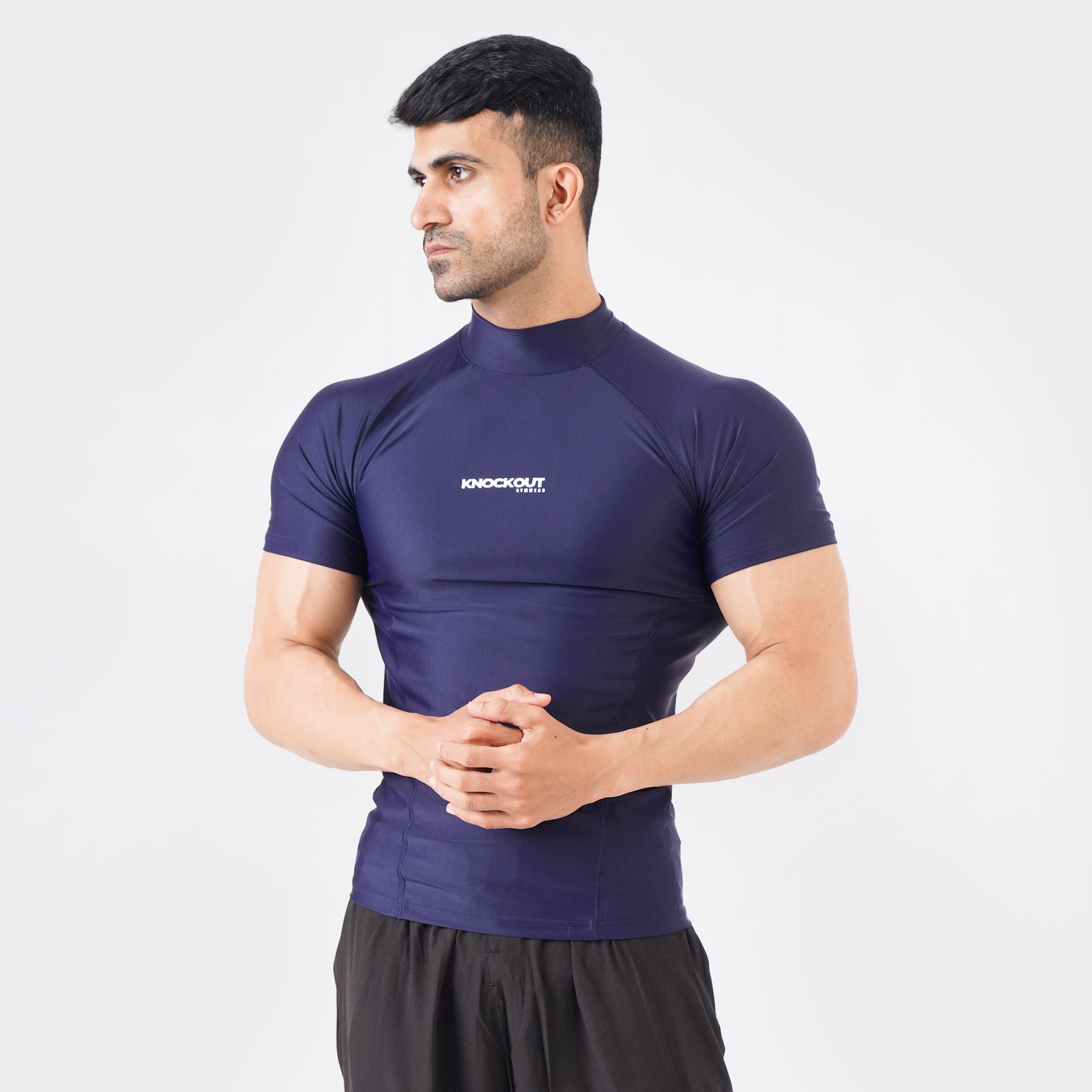 Knockout High Neck Compression t-shirt - Navy Blue