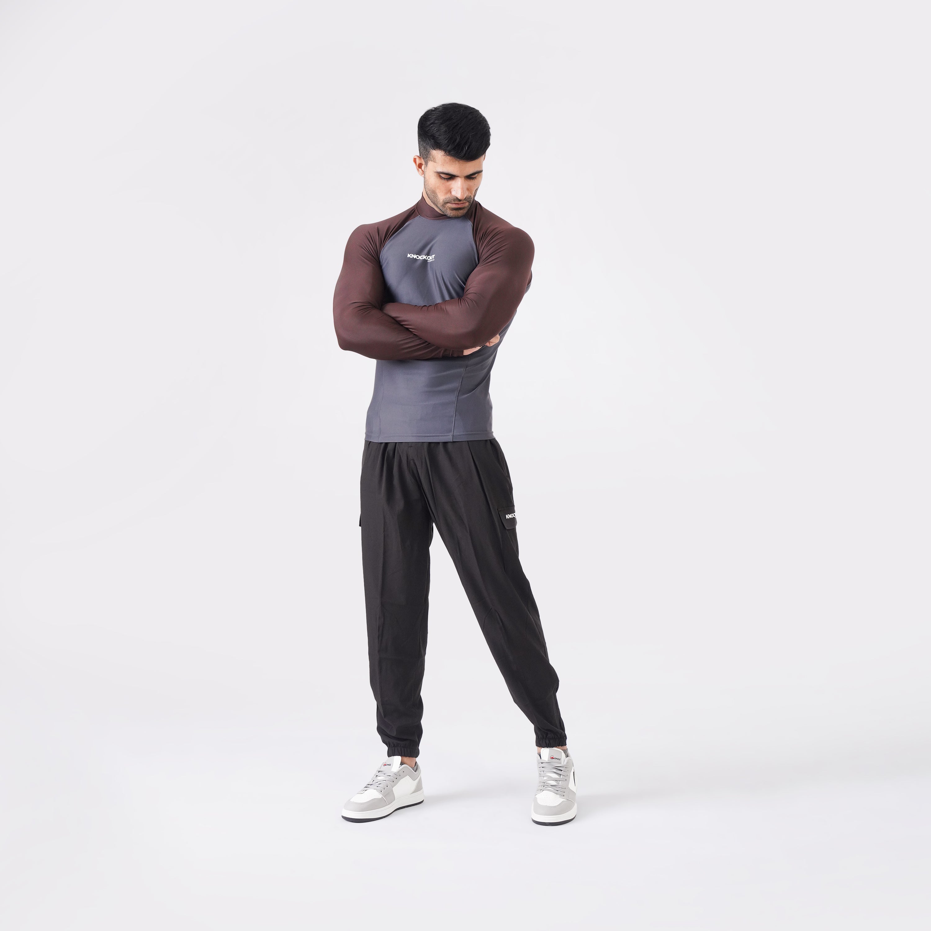 Contrast Grey & Brown Long Sleeve High Neck Compression