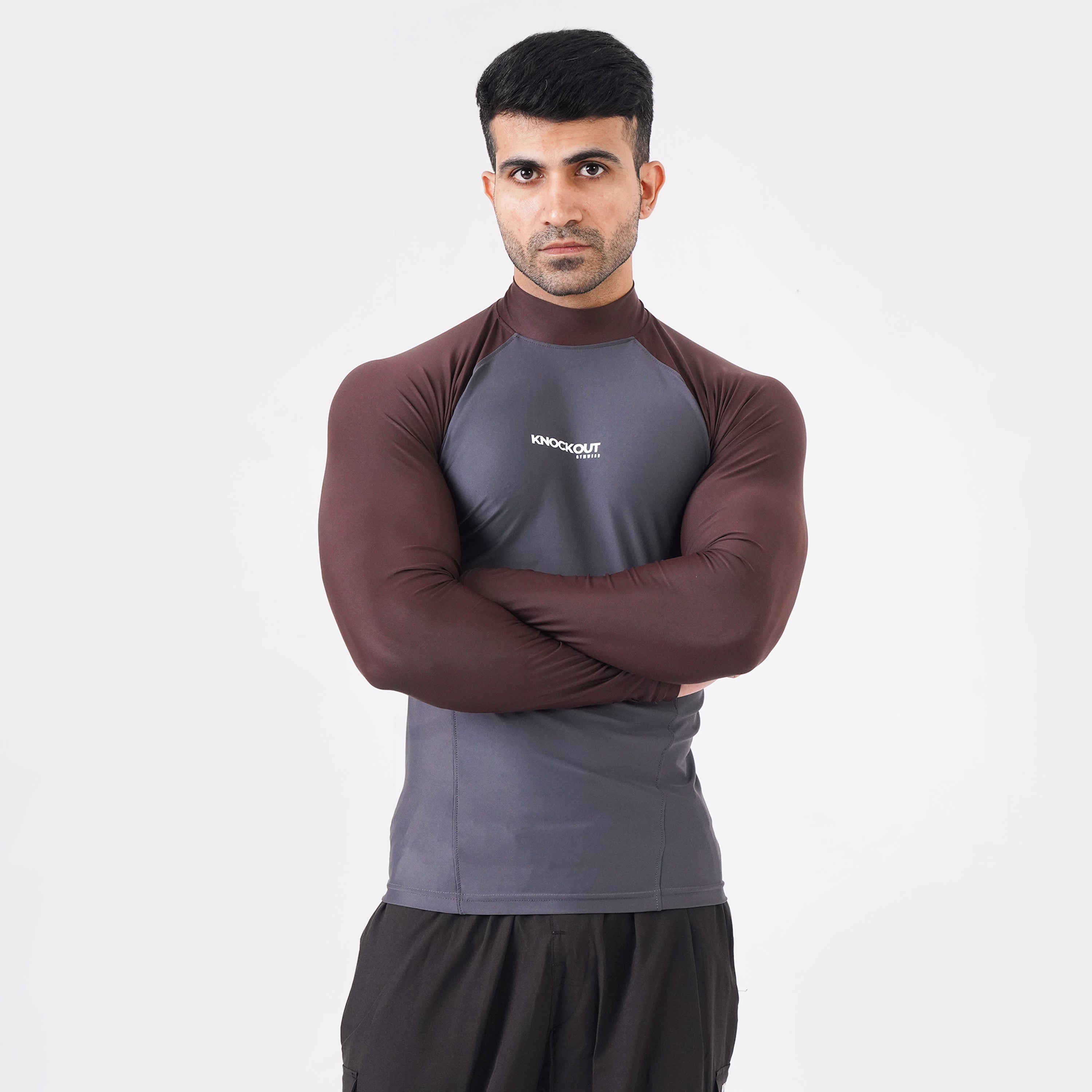 Knockout Contrast Grey & Brown Long Sleeve High Neck Compression