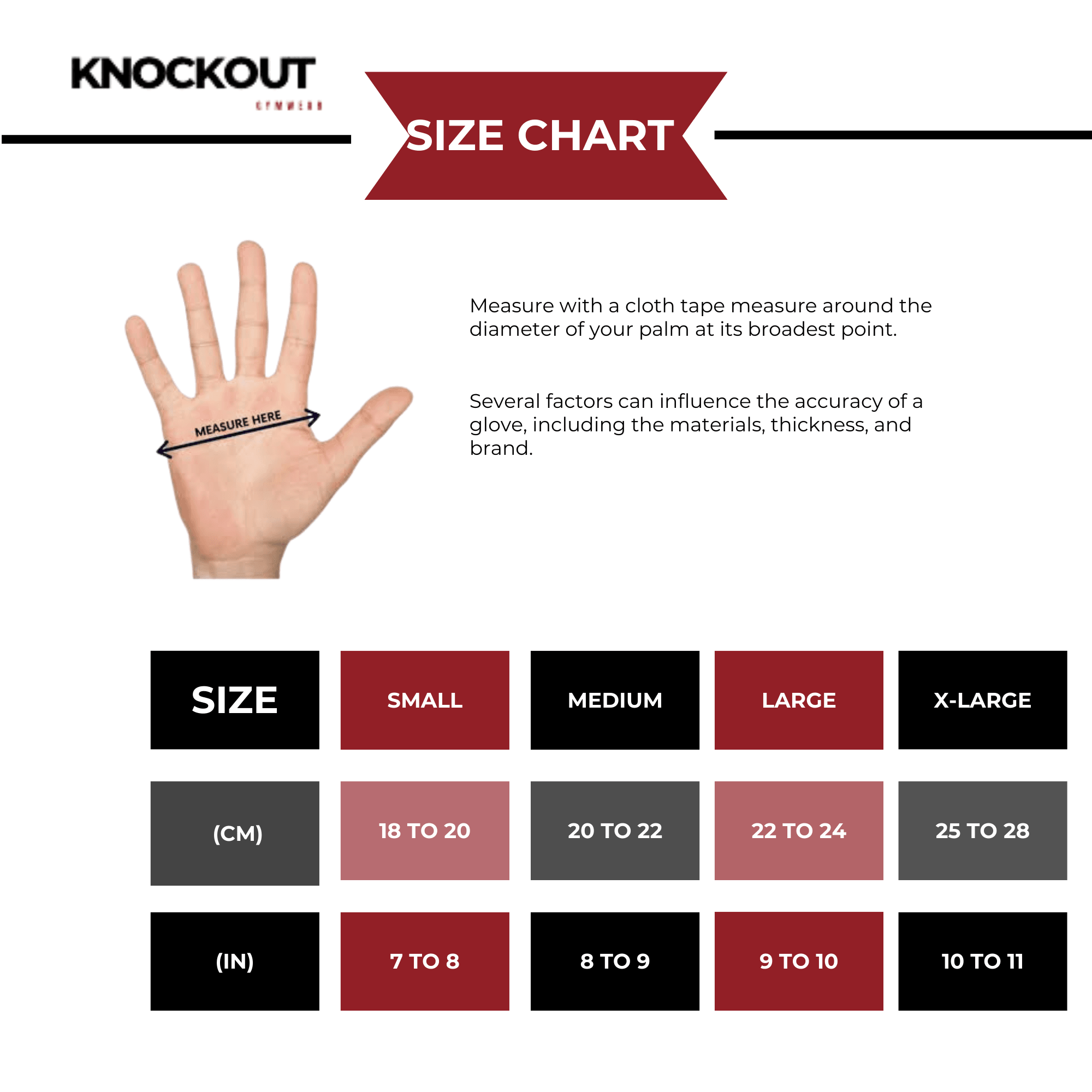 Size chart Gym Gloves for both men and women at Knockout Gym Wear. Our gloves offer comfort, grip, and durability for all your workout needs.