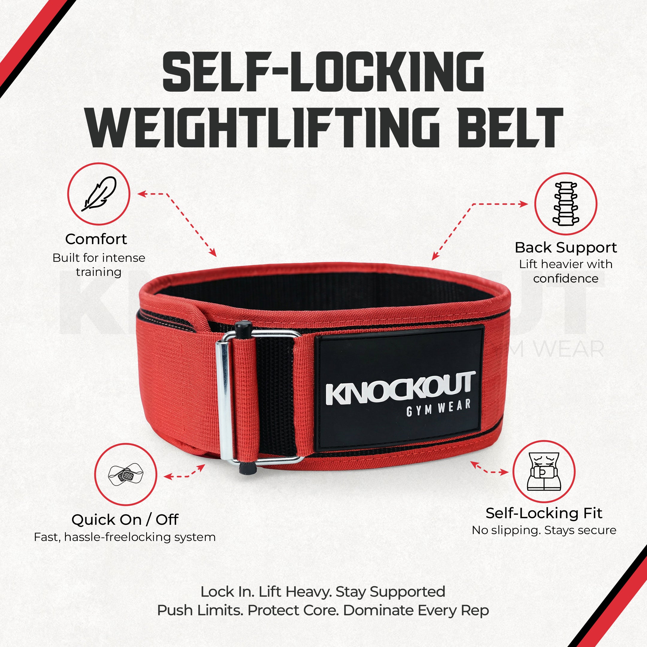 Self-Locking Red, Black & White Weightlifting Belt