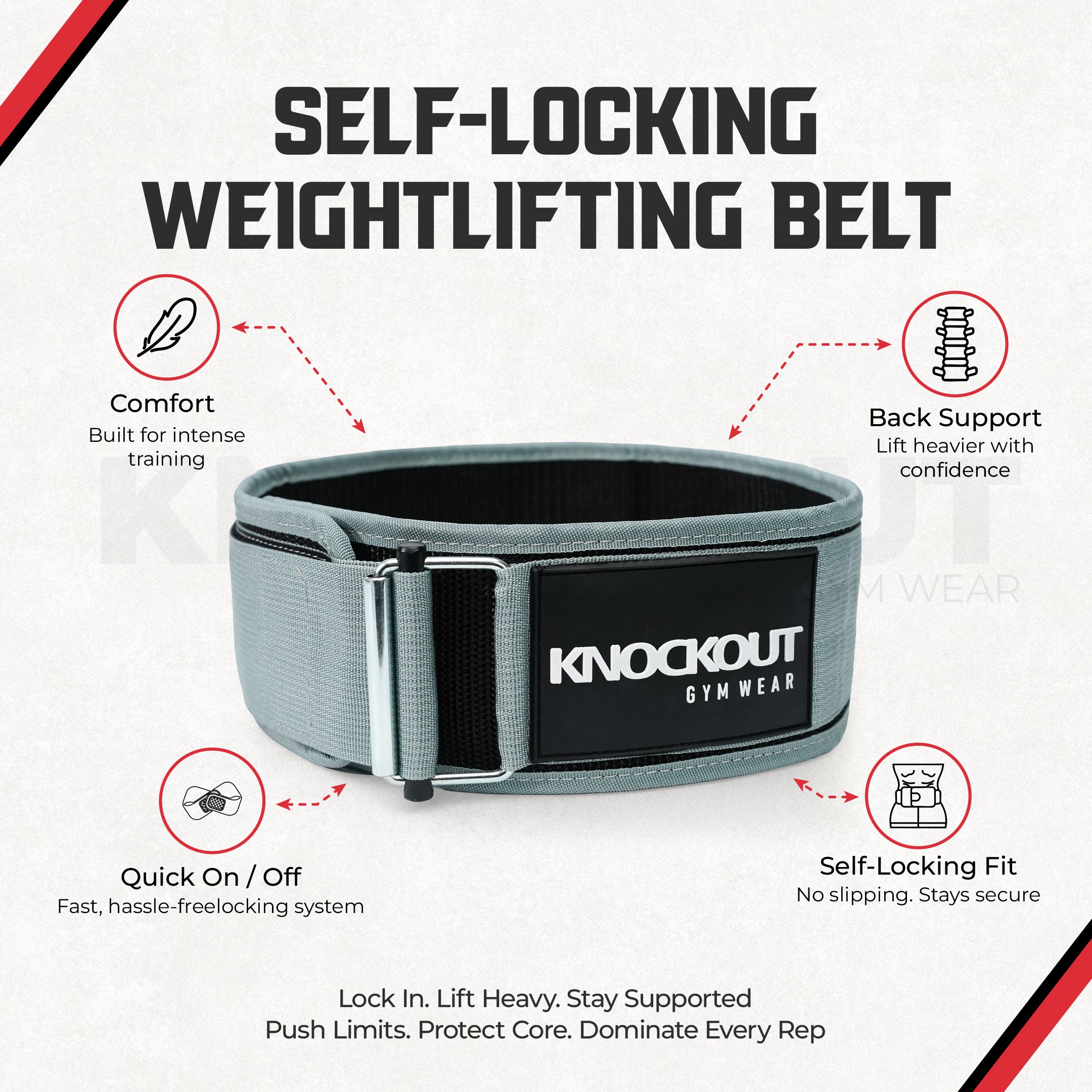 Self-Locking Grey Weightlifting Belt