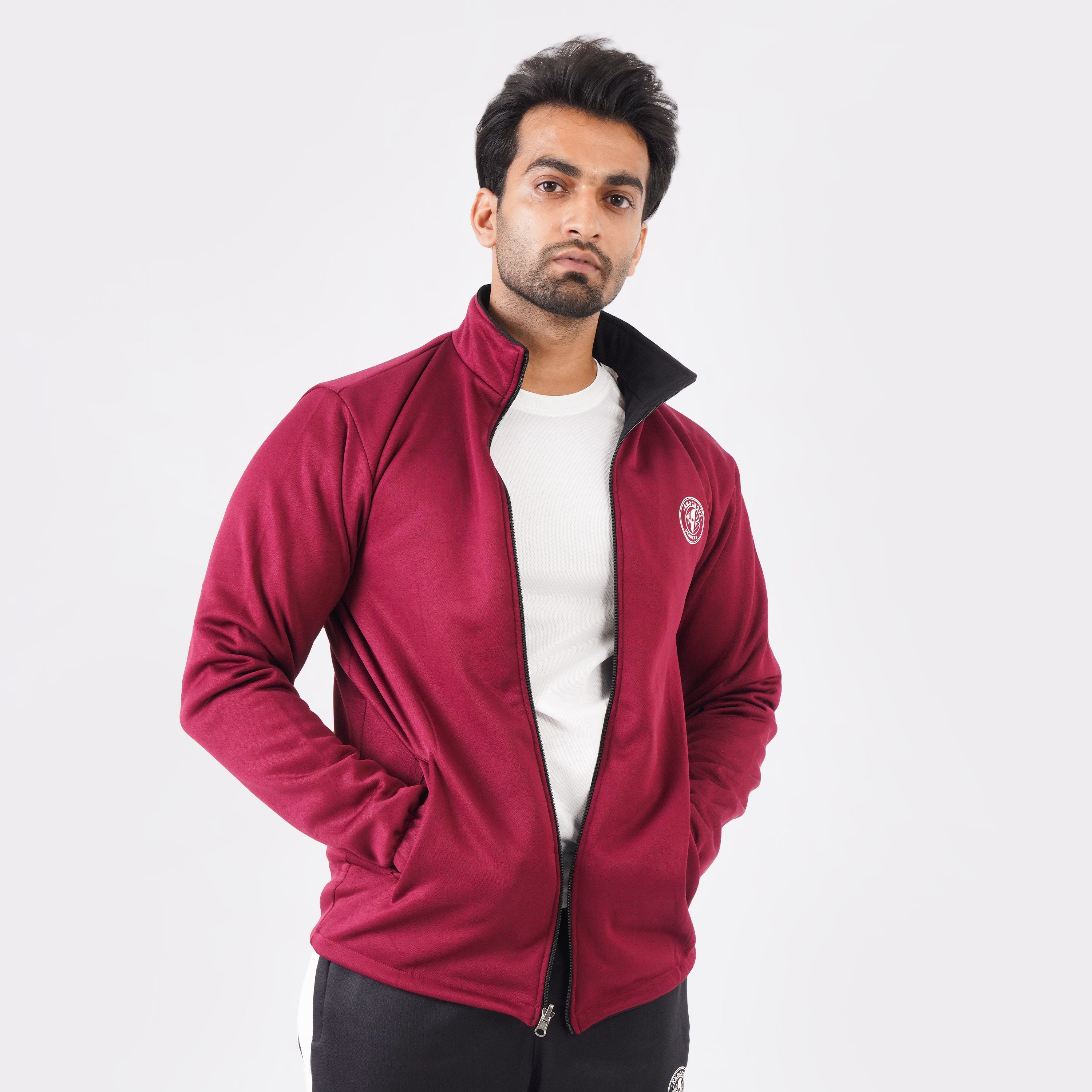 Maroon and black Double Layer 2-in-1 Jacket for versatile gym and casual wear.