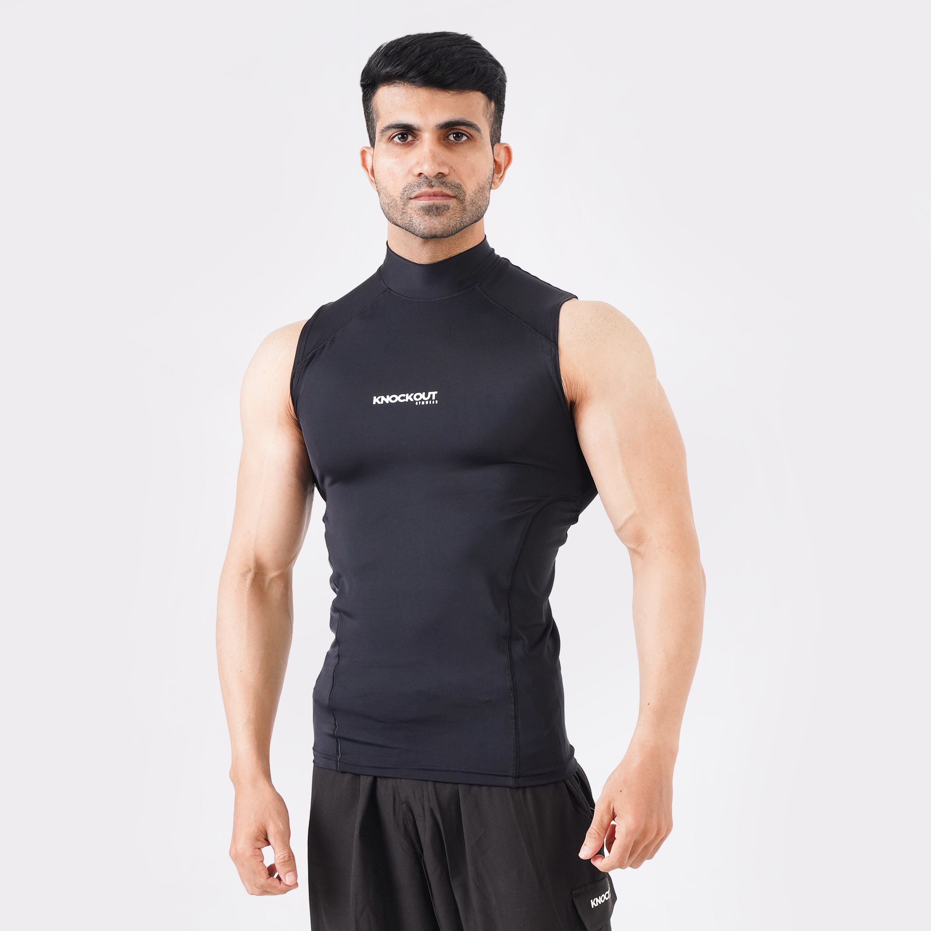 Black sleeveless high-neck compression shirt for men
