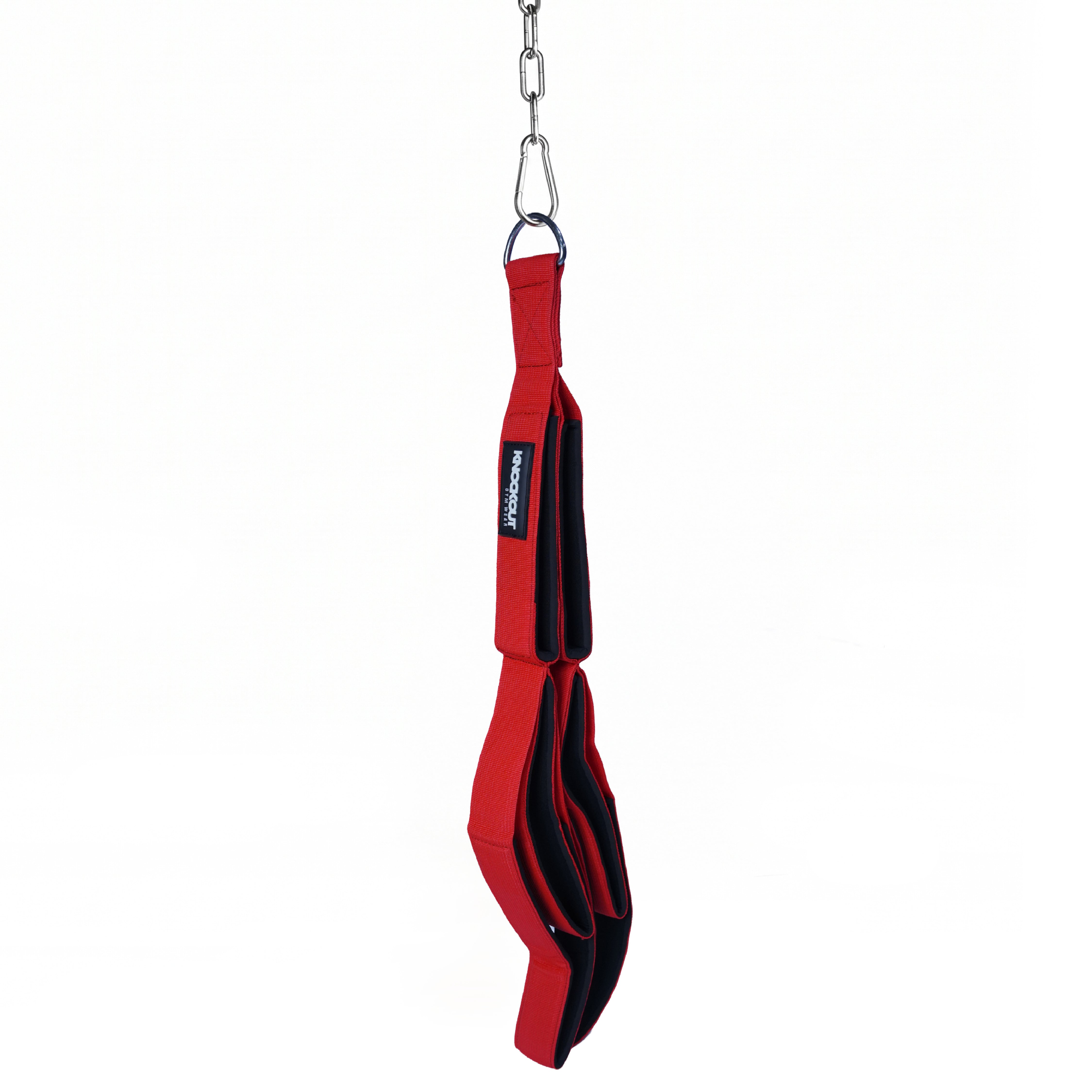 A red and black hanging resistance band with a silver metal carabiner and chain, shown against a plain white background.