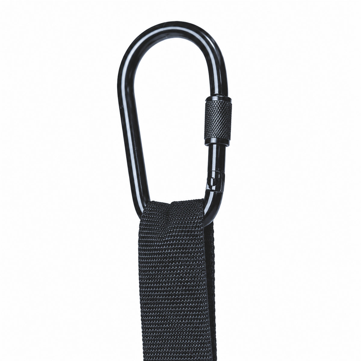 A-close-up of-a-black-metal carabiner-of-knockout-gymwear