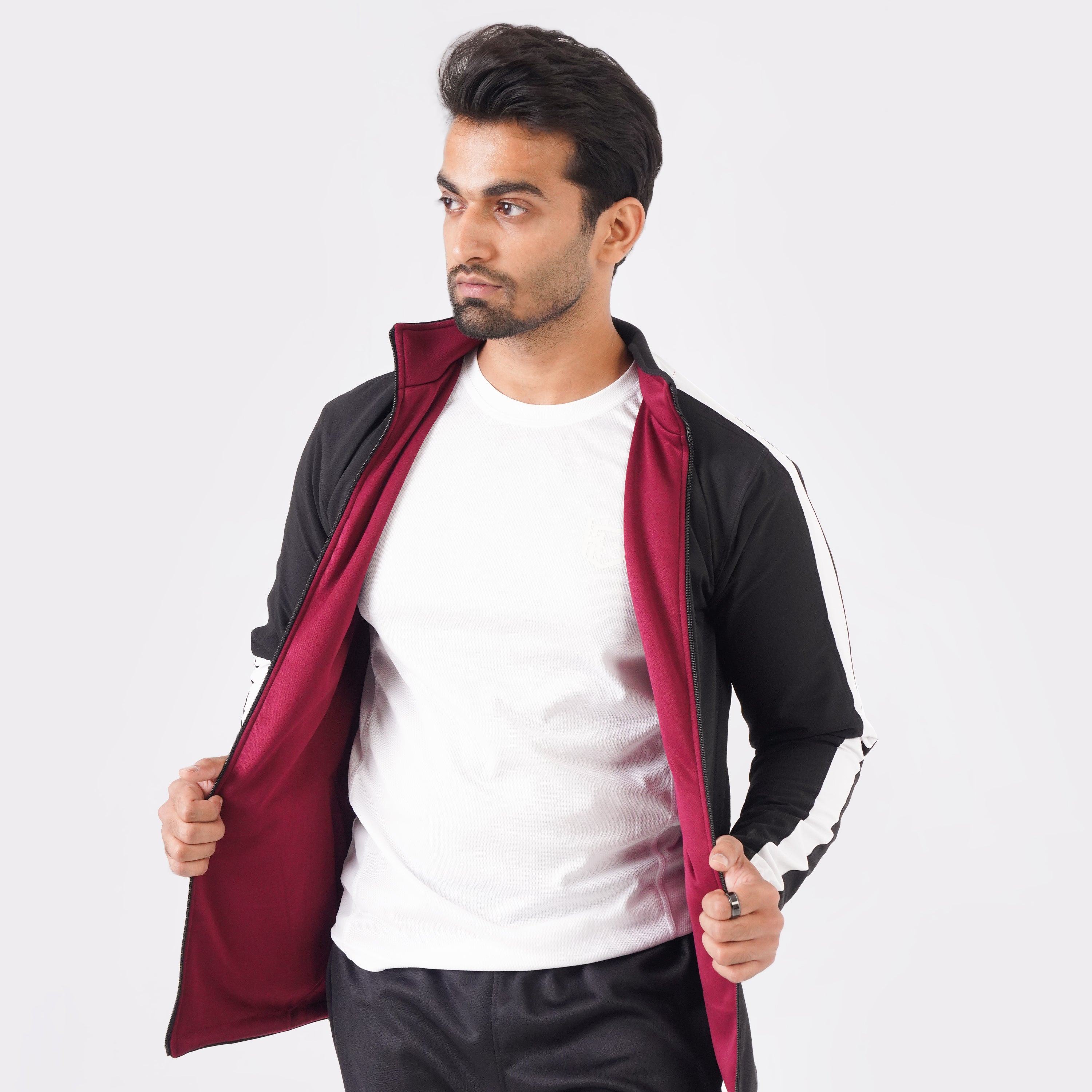 Black and Maroon Double Layer 2-in-1 Jacket for versatile gym and casual wear.