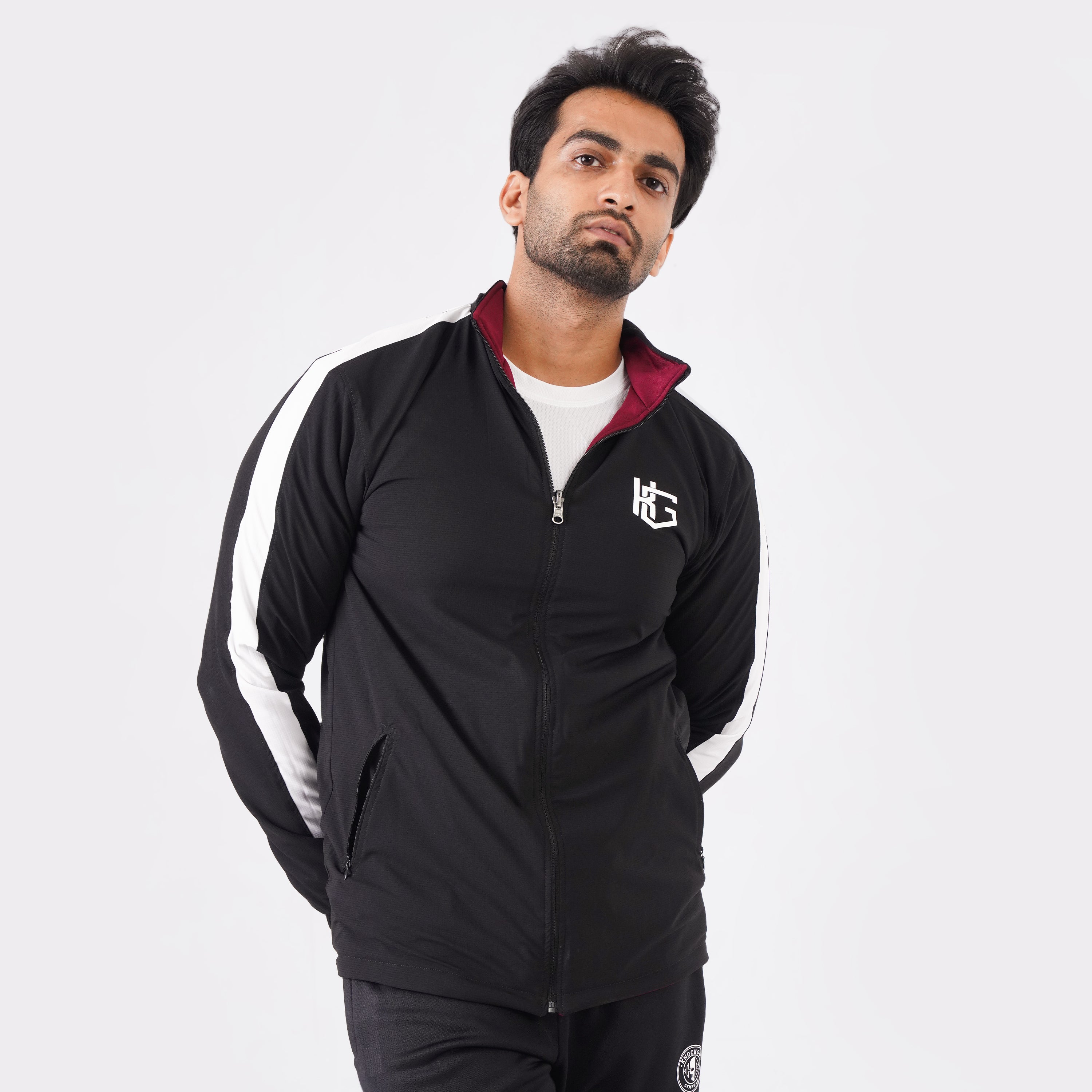 Black and Maroon Double Layer 2-in-1 Jacket for versatile gym and casual wear.