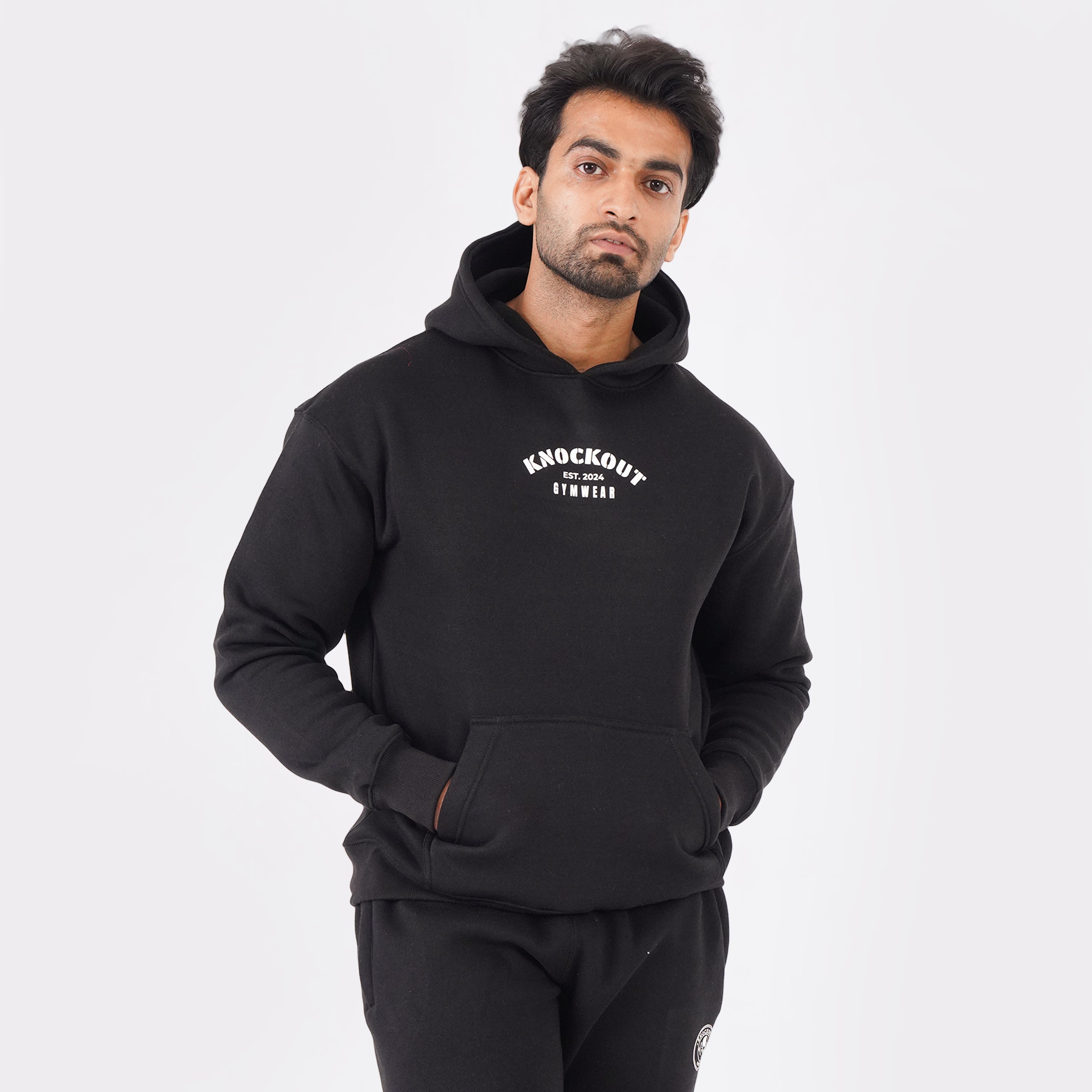 Black oversized cotton hoodie made with premium 300 GSM fabric.
