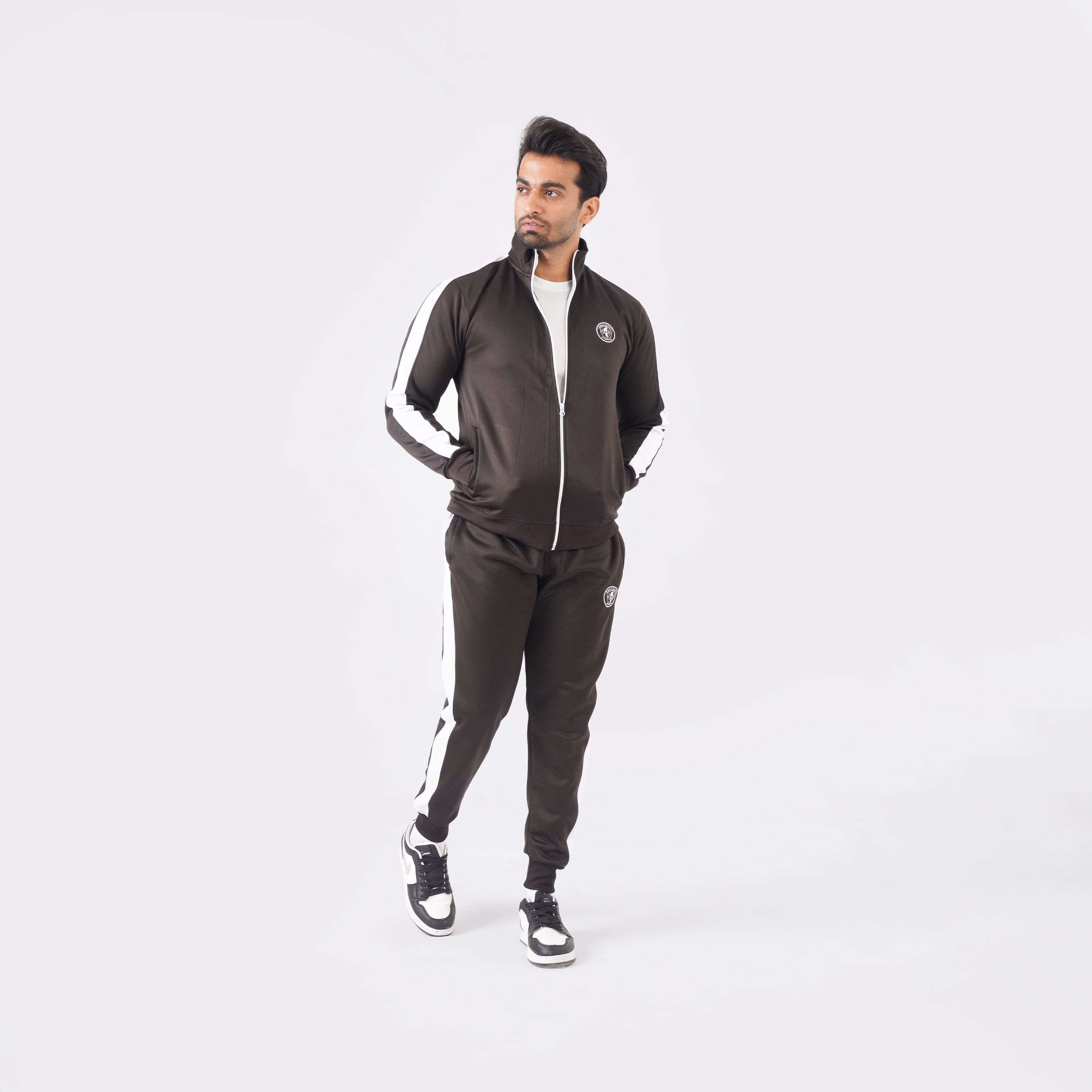 Men’s chocolate athletic tracksuit with side stripes for gym and casual style.
