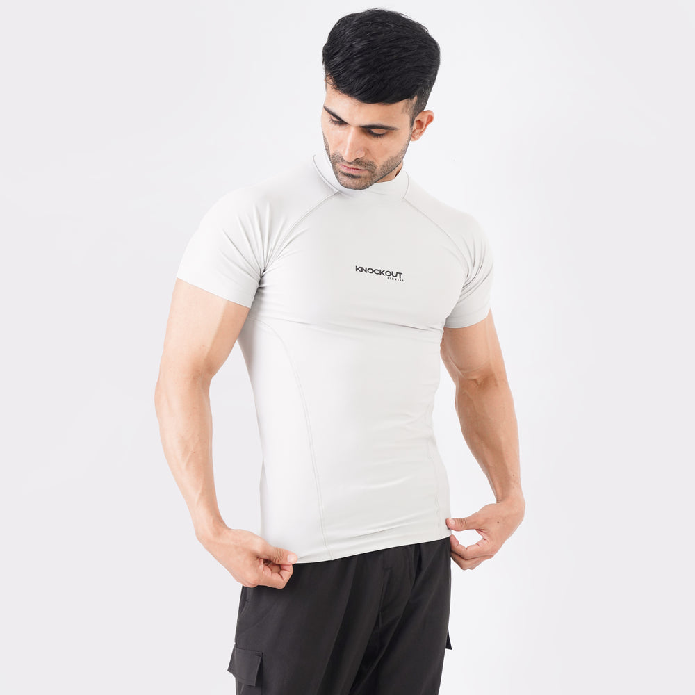 High Neck Compression T-Shirt Light Stone - Knockout Gymwear