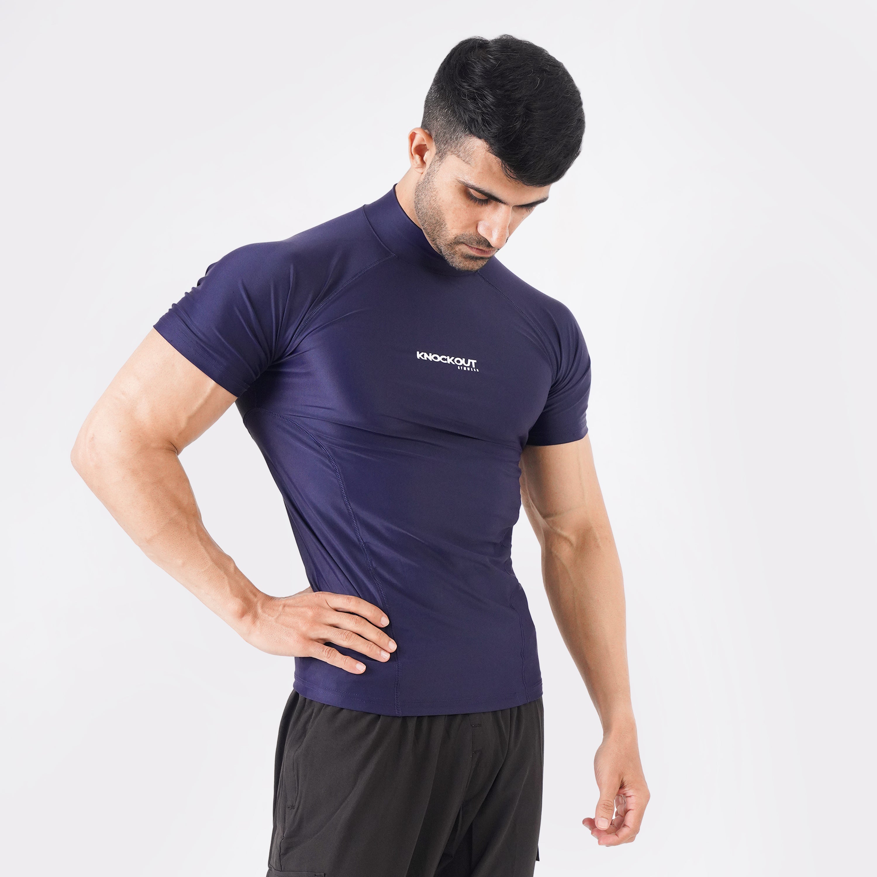 Knockout High Neck Compression t-shirt - Navy Blue