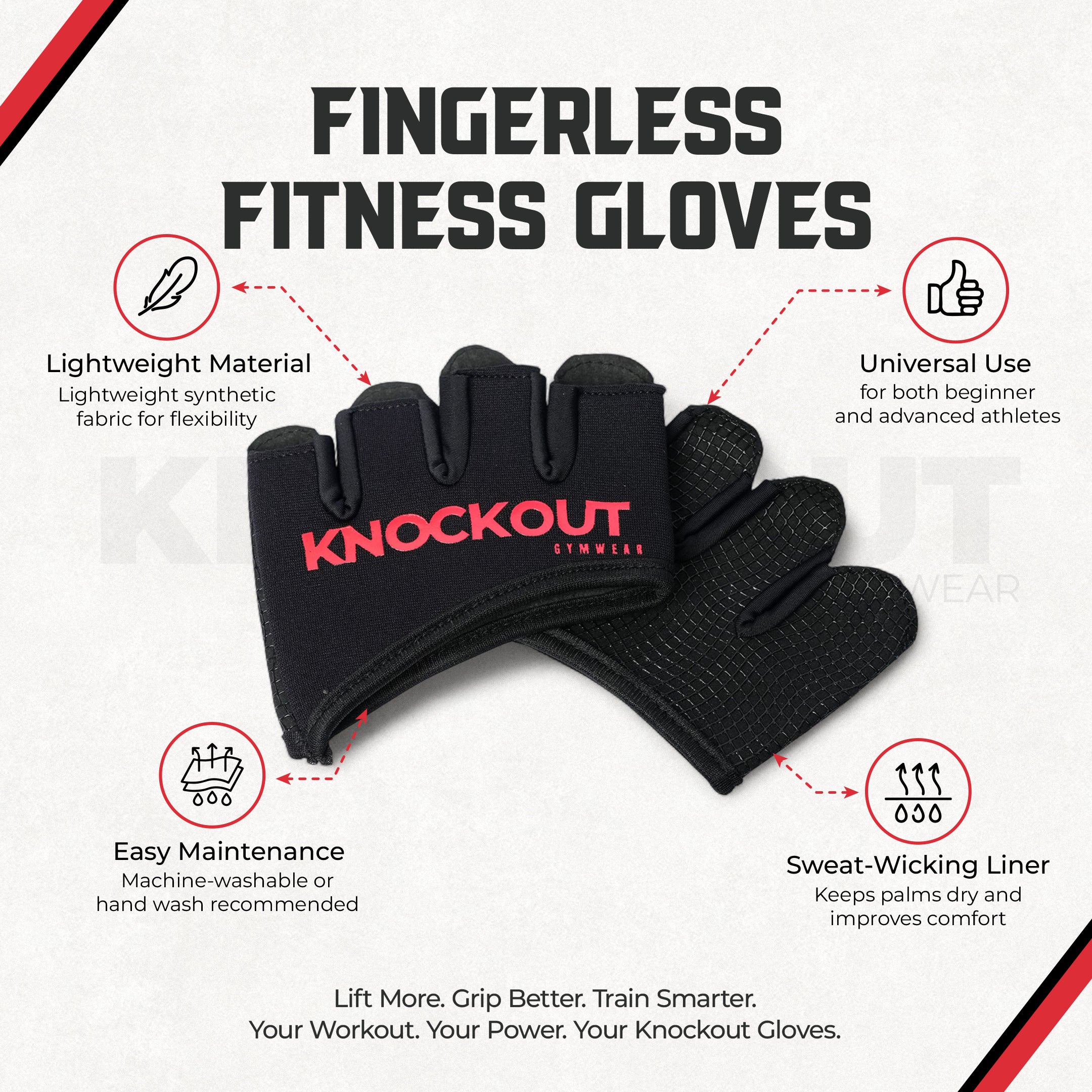 Knockout Fingerless Fitness Gloves - Black Red 02