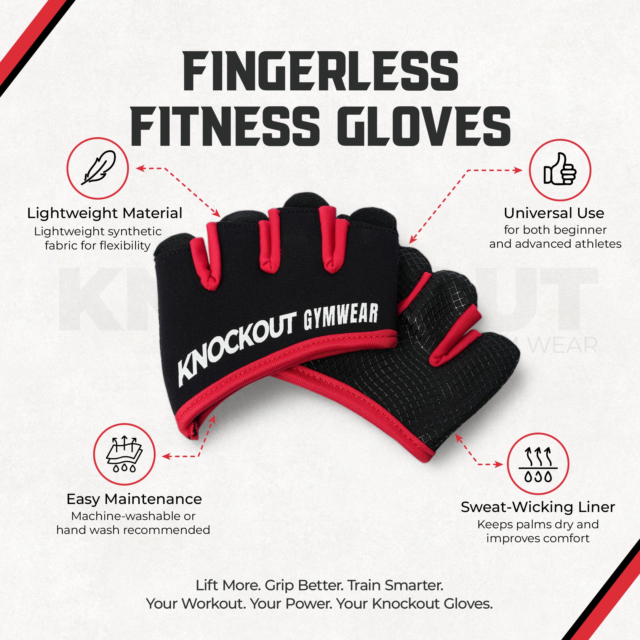 Knockout Fingerless Fitness Gloves - Black Red White