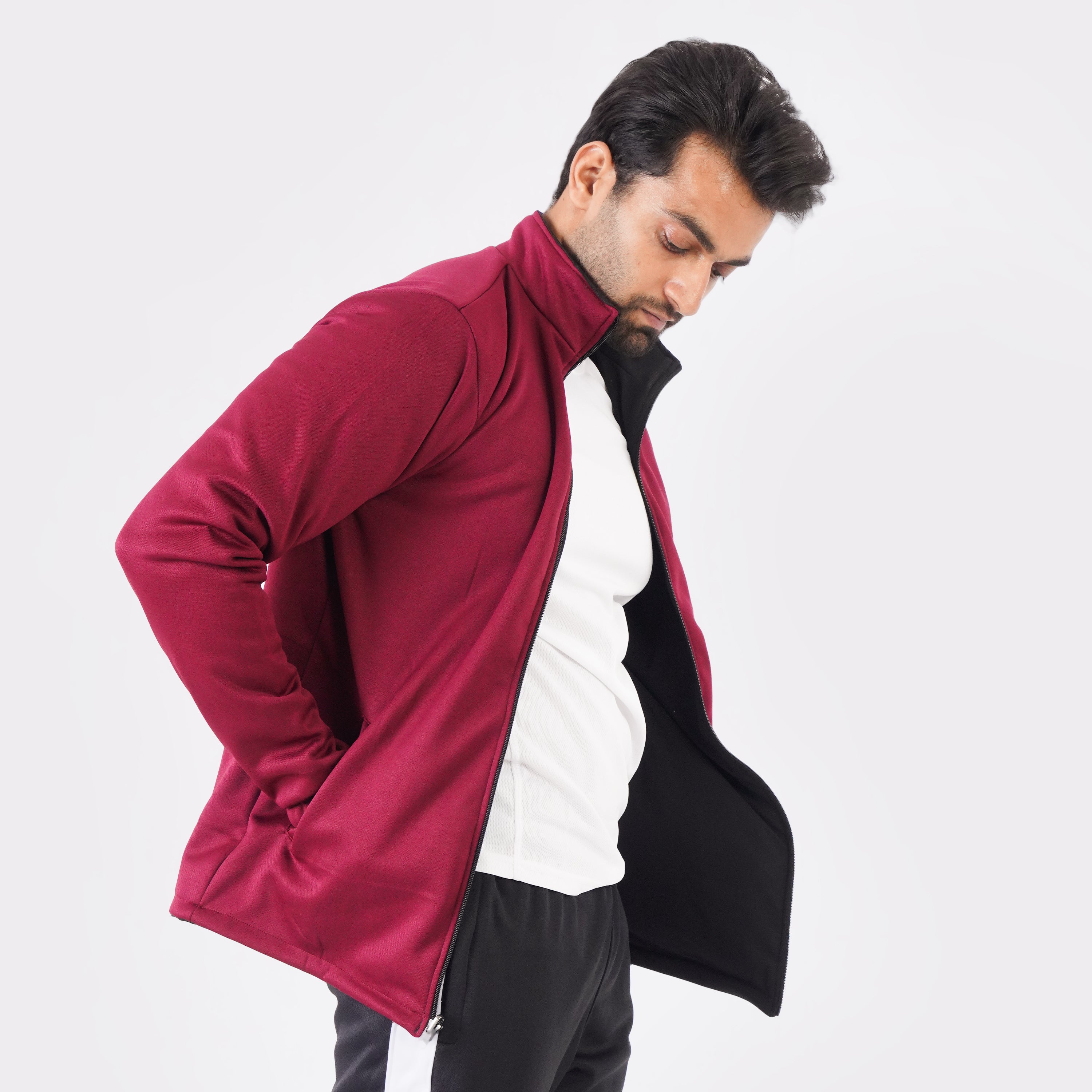 Black & Maroon 2-in-1 Jacket Front View and show to wear 2 side