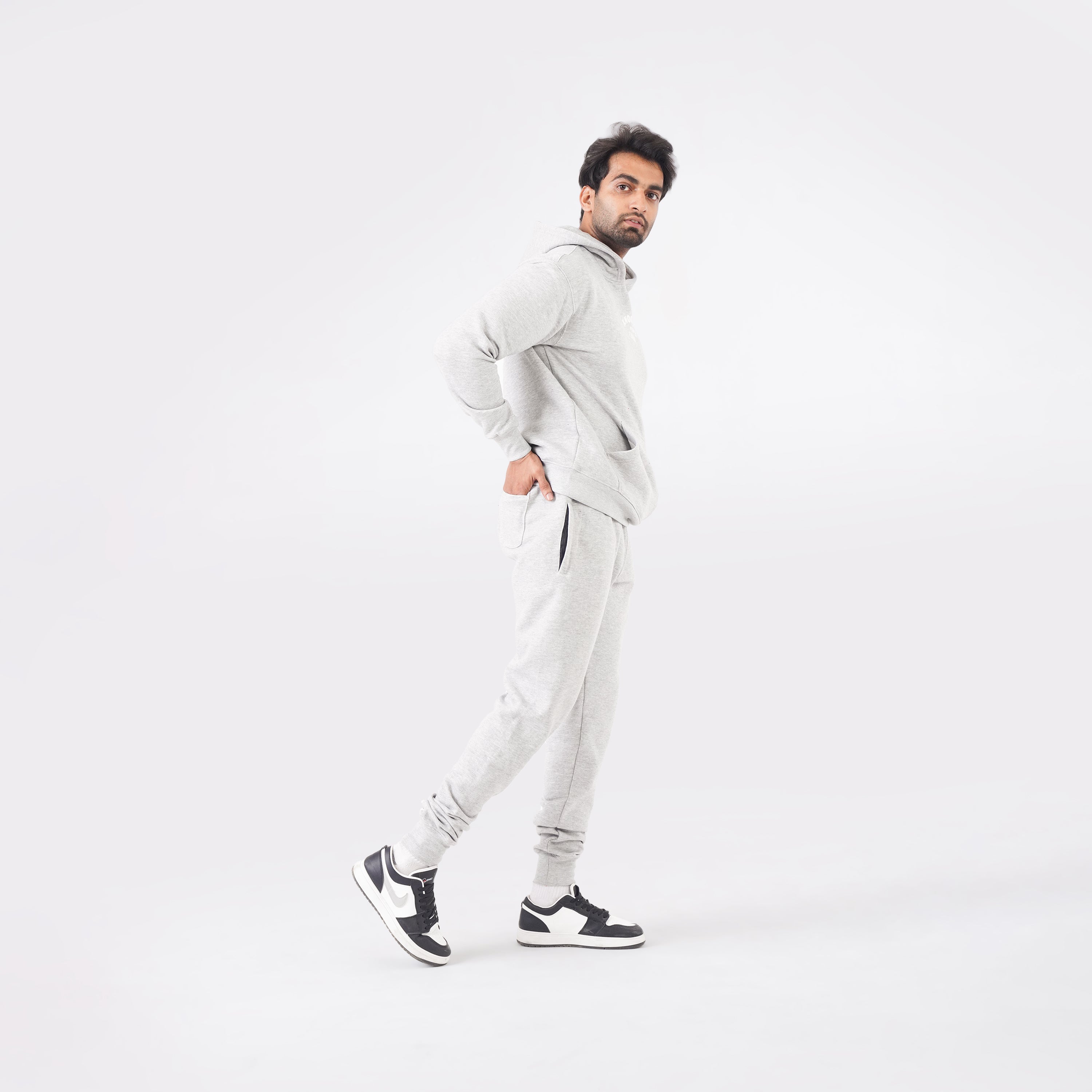 Grey oversized tracksuit for men with a relaxed, comfortable fit.
